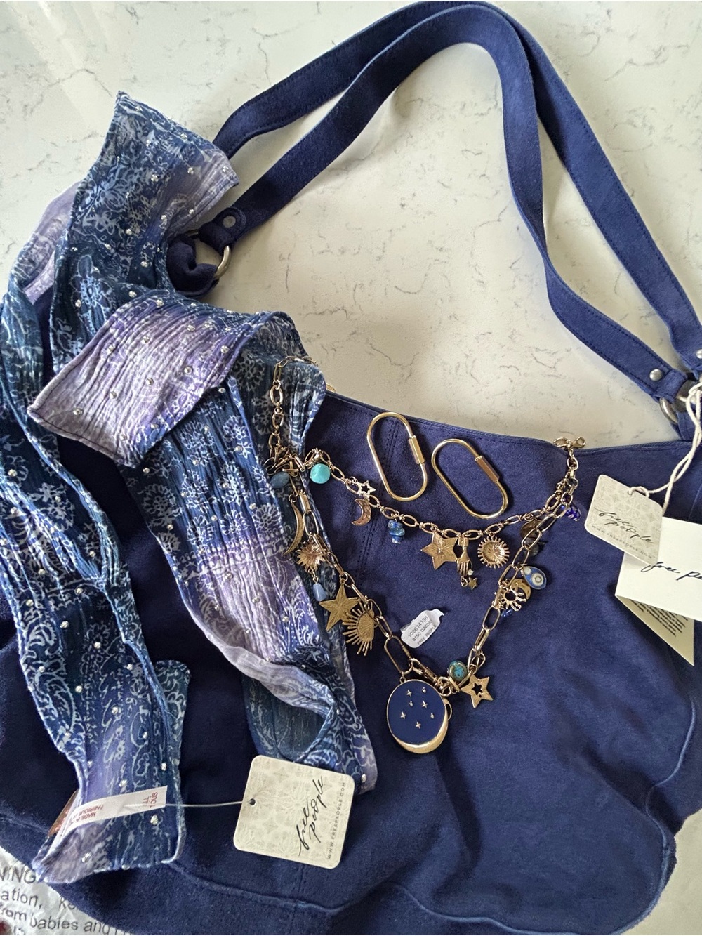 NWT Free People Suede Roma Tote Navy+Star Girl Maxamillion+FP Ultra Skinny Scarf